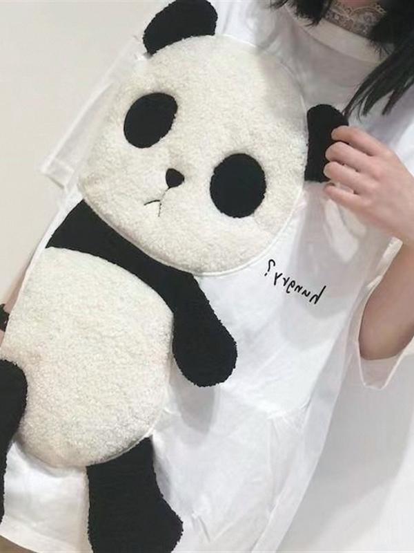 여름 커플 자수 레터링 팬더 반팔 루즈핏 데일리룩 블랙 M - 상세 이미지 2