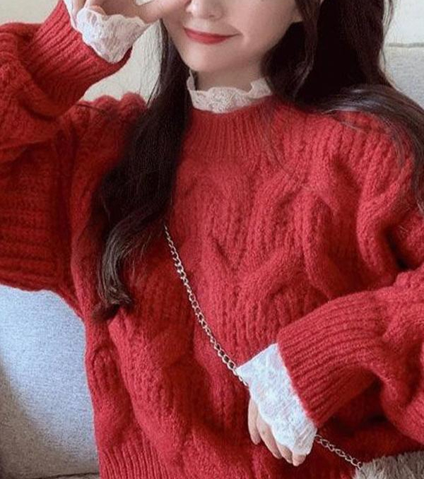 루즈핏 라운드넥 레드 여성 겨울 니트티 퍼플 안쪽 흰색레이어드x S 40~47.5kg - 상세 이미지 4