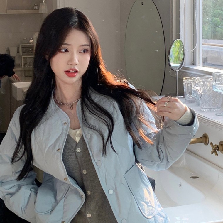 예쁜 스카이 칼라감 루즈핏 물망울 무늬 패딩 - 상품 이미지