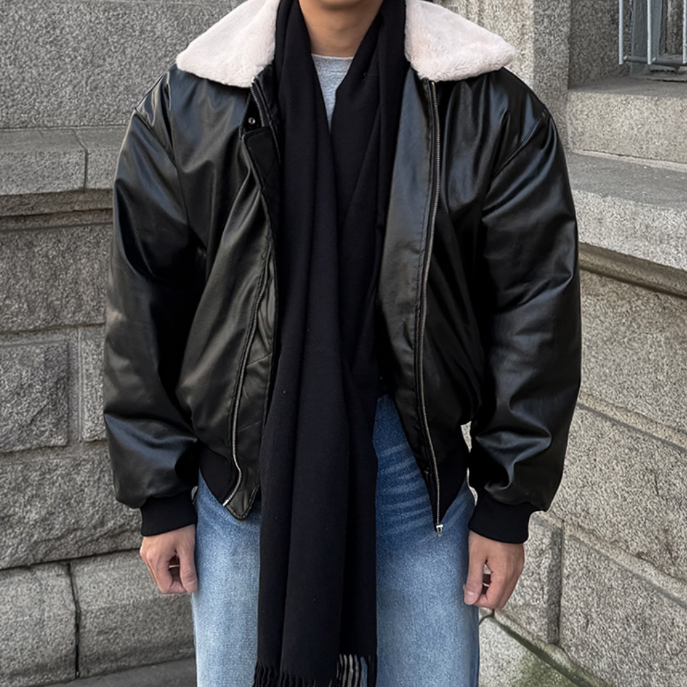 남자 보덴 오버핏 겨울 밍크 카라 레더 항공 무스탕 자켓 - 상세 이미지 3
