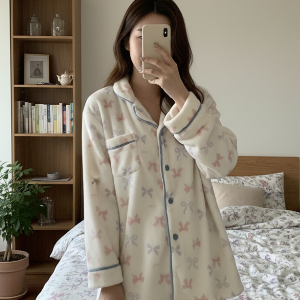 겨울 극세사 솜사탕 리본 포근 수면 잠옷 파자마 홈웨어 - 상품 이미지