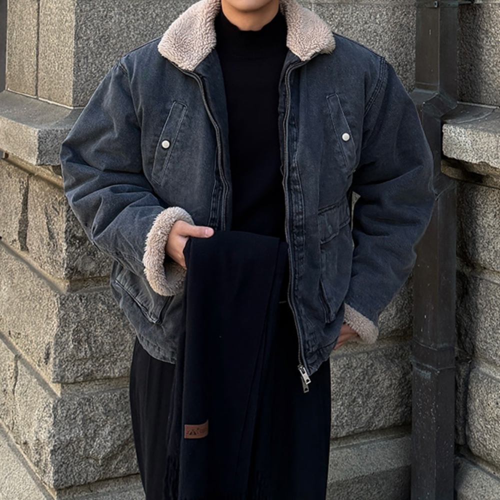 남자 우보 오버핏 겨울 데님 양털 무스탕 자켓 - 상세 이미지 2