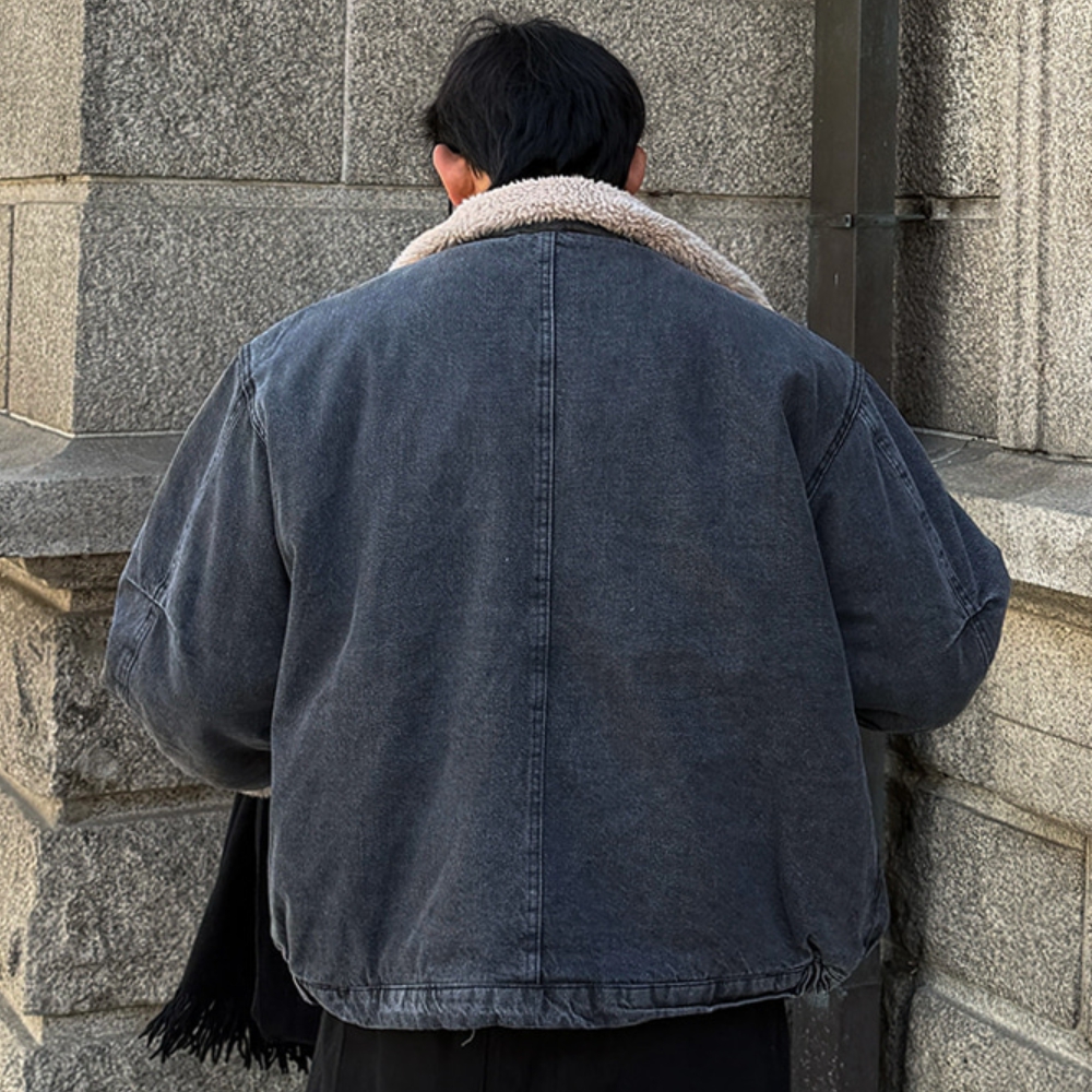 남자 우보 오버핏 겨울 데님 양털 무스탕 자켓 - 상세 이미지 4