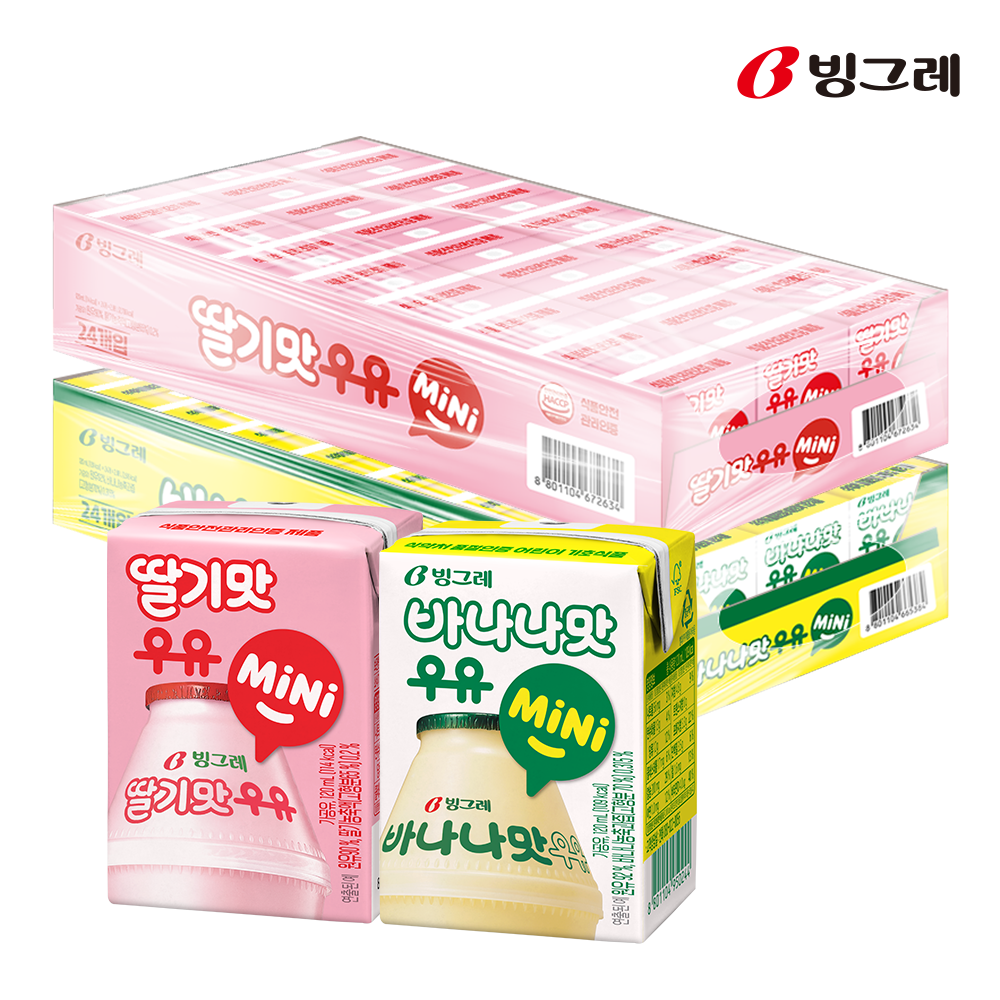 빙그레 바나나맛우유 미니 24팩 + 딸기맛우유 미니 24팩 - 상품 이미지