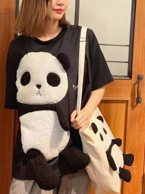 여름 커플 자수 레터링 팬더 반팔 루즈핏 데일리룩 블랙 M - 상세 이미지 3