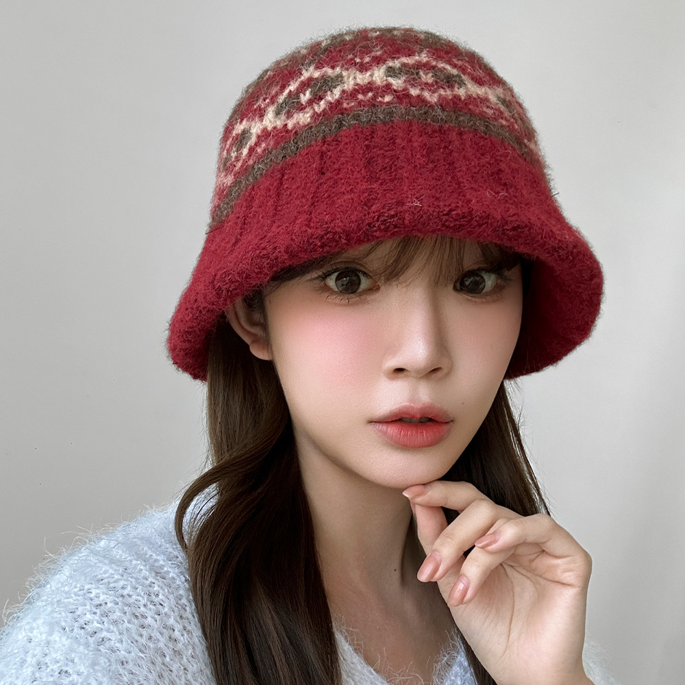 노르딕 눈꽃 니트 버킷햇 겨울 여성 벙거지 이미지 7