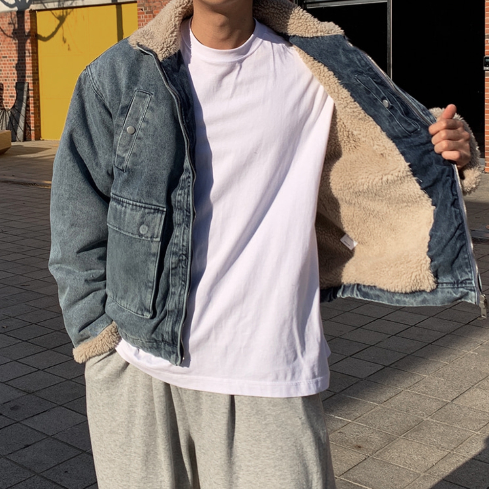 남자 우보 오버핏 겨울 데님 양털 무스탕 자켓 - 상품 이미지