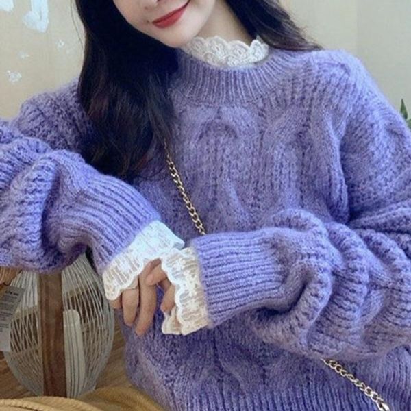 루즈핏 라운드넥 레드 여성 겨울 니트티 퍼플 안쪽 흰색레이어드x S 40~47.5kg - 상세 이미지 2