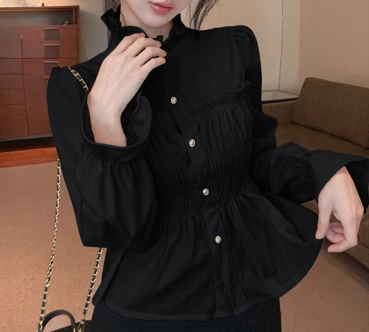 겨울코듀로이 스모크밴드 블라우스 목프릴 여리핏 체형커버 따뜻한 겨울이너 - 상세 이미지 3