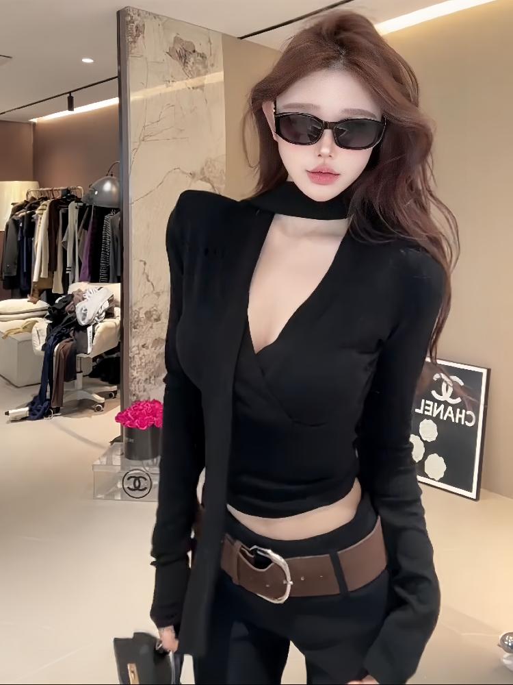 브이넥 리본 스트랩 슬림핏 긴팔 티셔츠 가을 여성 상의 브라운 탑 S - 상세 이미지 4