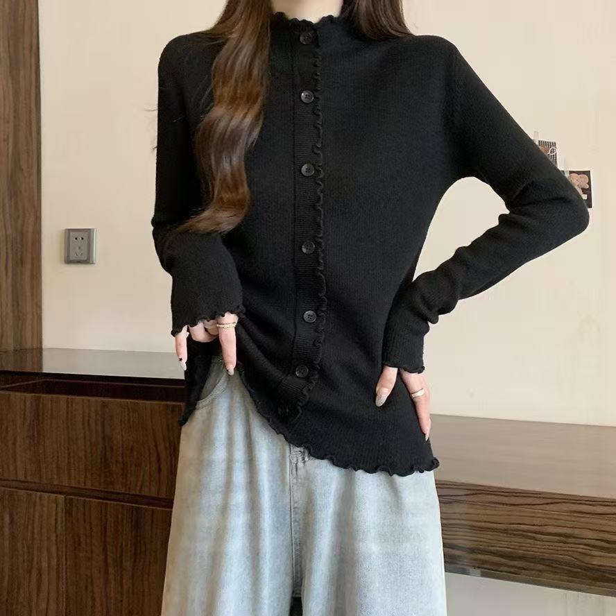 여성 봄 가을 데일리 프릴 긴팔 플리스 티셔츠 - 상품 이미지