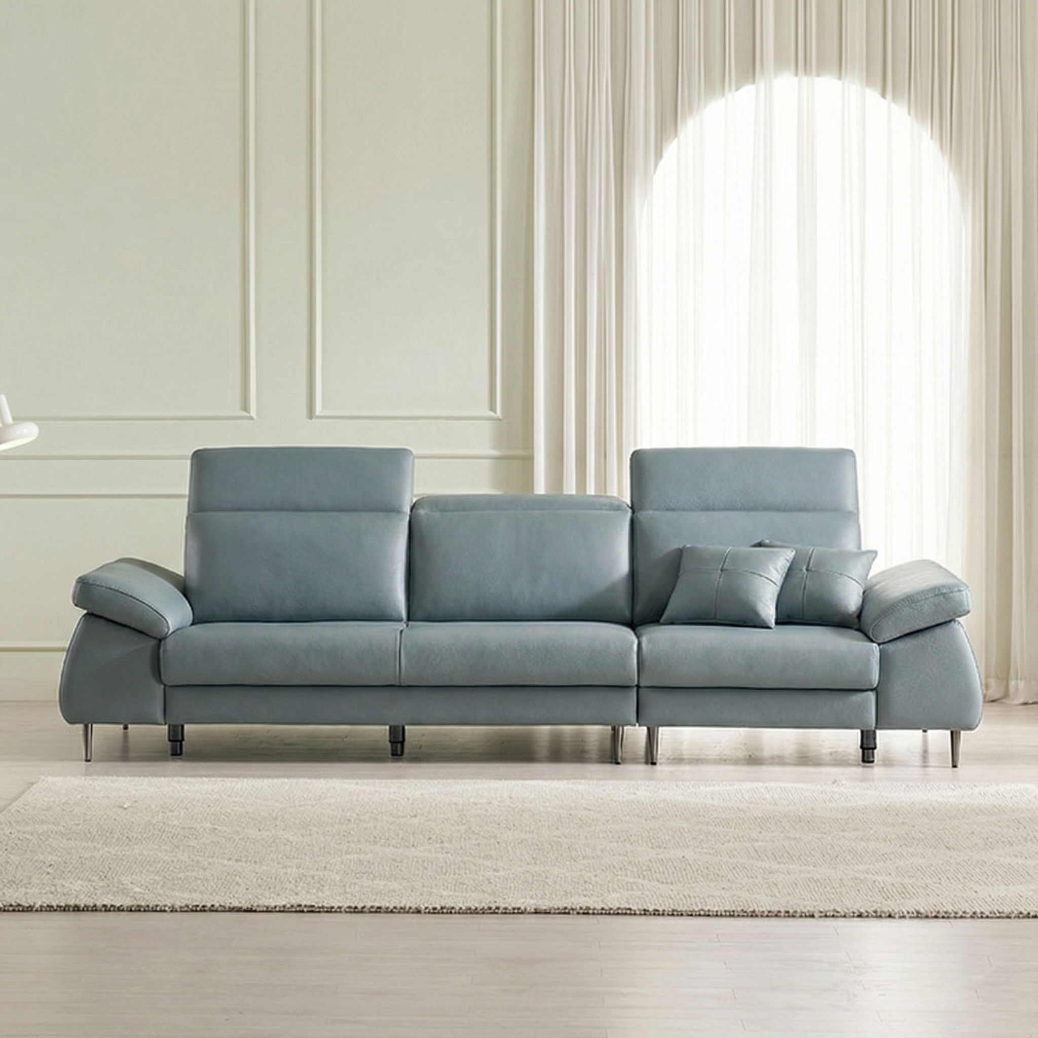 등급E0 보루네오 아트레 이태리 천연통가죽 기능성 소파 스툴포함, 소프트블루, 4인용