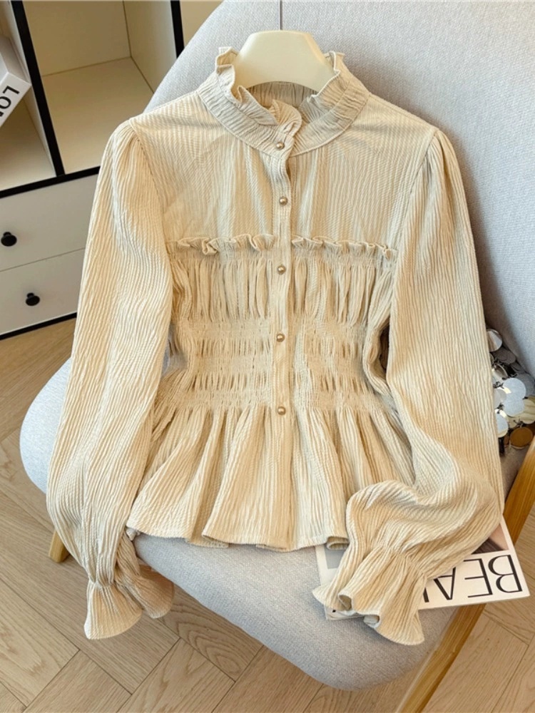 겨울코듀로이 스모크밴드 블라우스 목프릴 여리핏 체형커버 따뜻한 겨울이너 - 상세 이미지 5