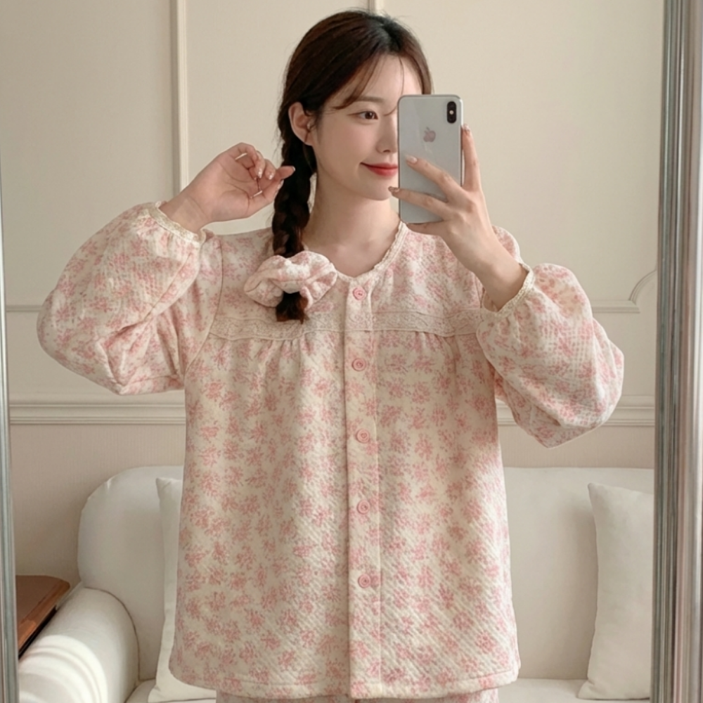 겨울 뜨왈 누빔 핑크모찌 수면 파자마 세트 헤어끈포함 홈웨어 빅사이즈 - 상품 이미지