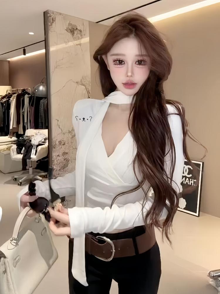 브이넥 리본 스트랩 슬림핏 긴팔 티셔츠 가을 여성 상의 브라운 탑 S - 상세 이미지 3