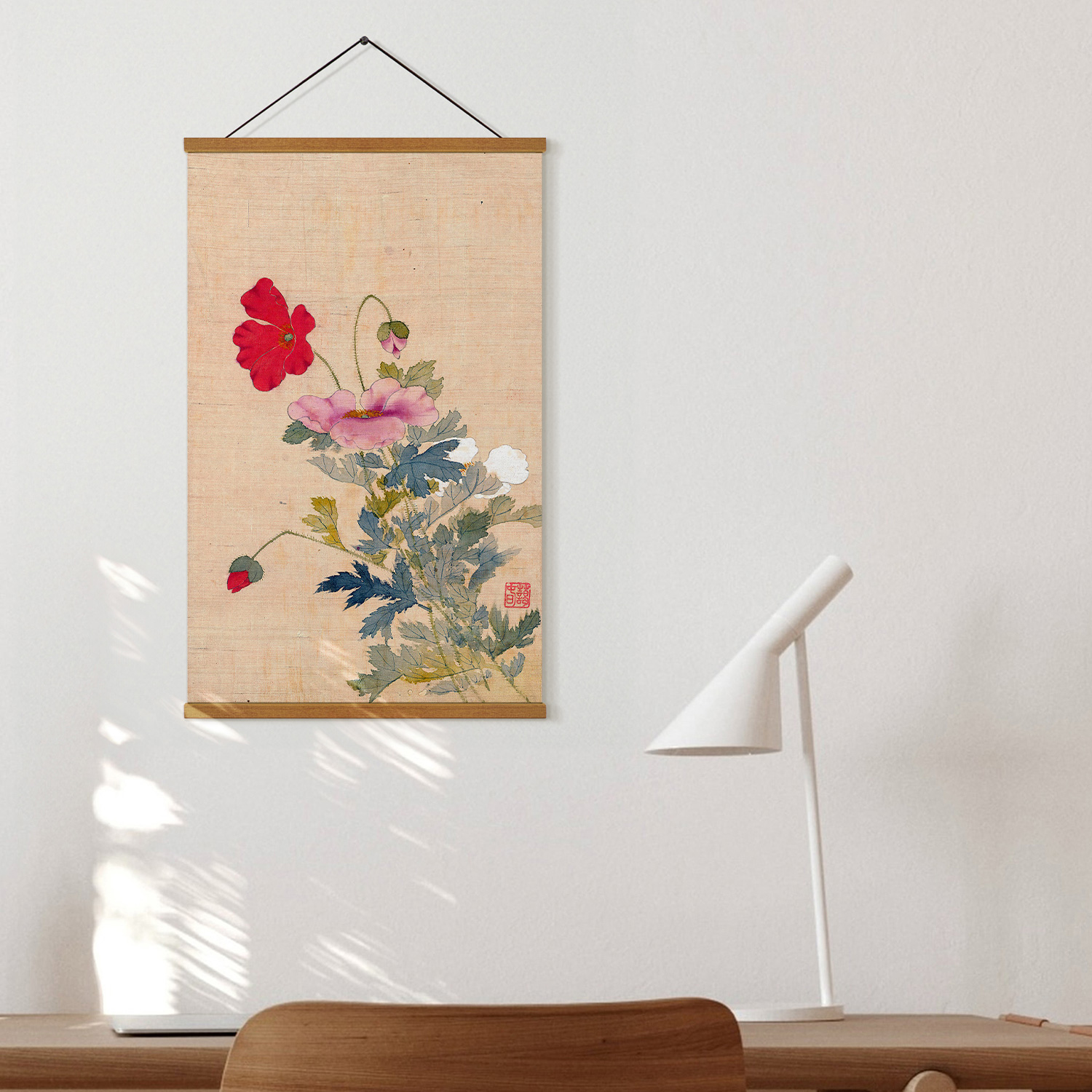 풍수 동양화 민화 꽃그림 우드 행잉 인테리어 원목 족자 포스터 신명연 백합과 패랭이 꽃 - 상세 이미지 5