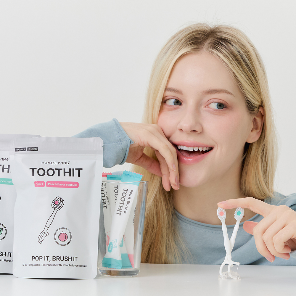 투스잇 5 in 1 일회용 미니 칫솔 휴대용 여행용 치실 이쑤시개 혀클리너 10개입 제품 이미지