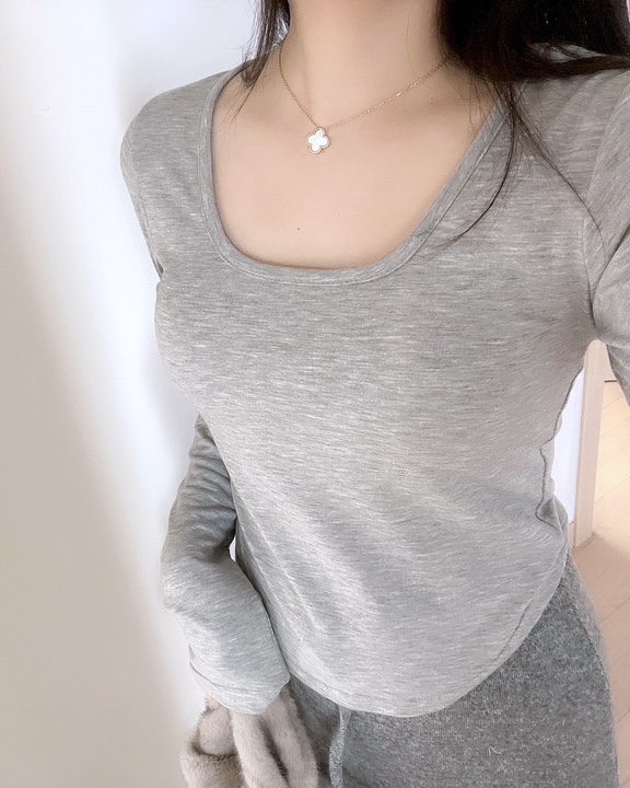 스퀘어넥 겨울 기모 슬림 허리라인 기본티셔츠 - 상품 이미지