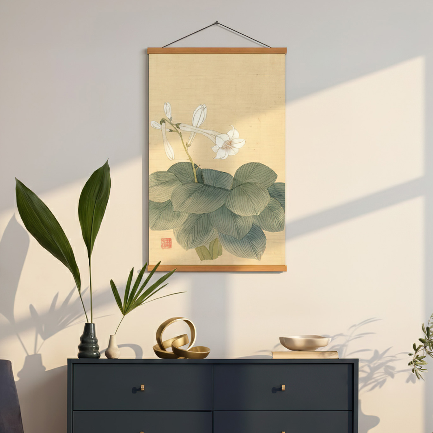 풍수 동양화 민화 꽃그림 우드 행잉 인테리어 원목 족자 포스터 신명연 백합과 패랭이 꽃 이미지 7