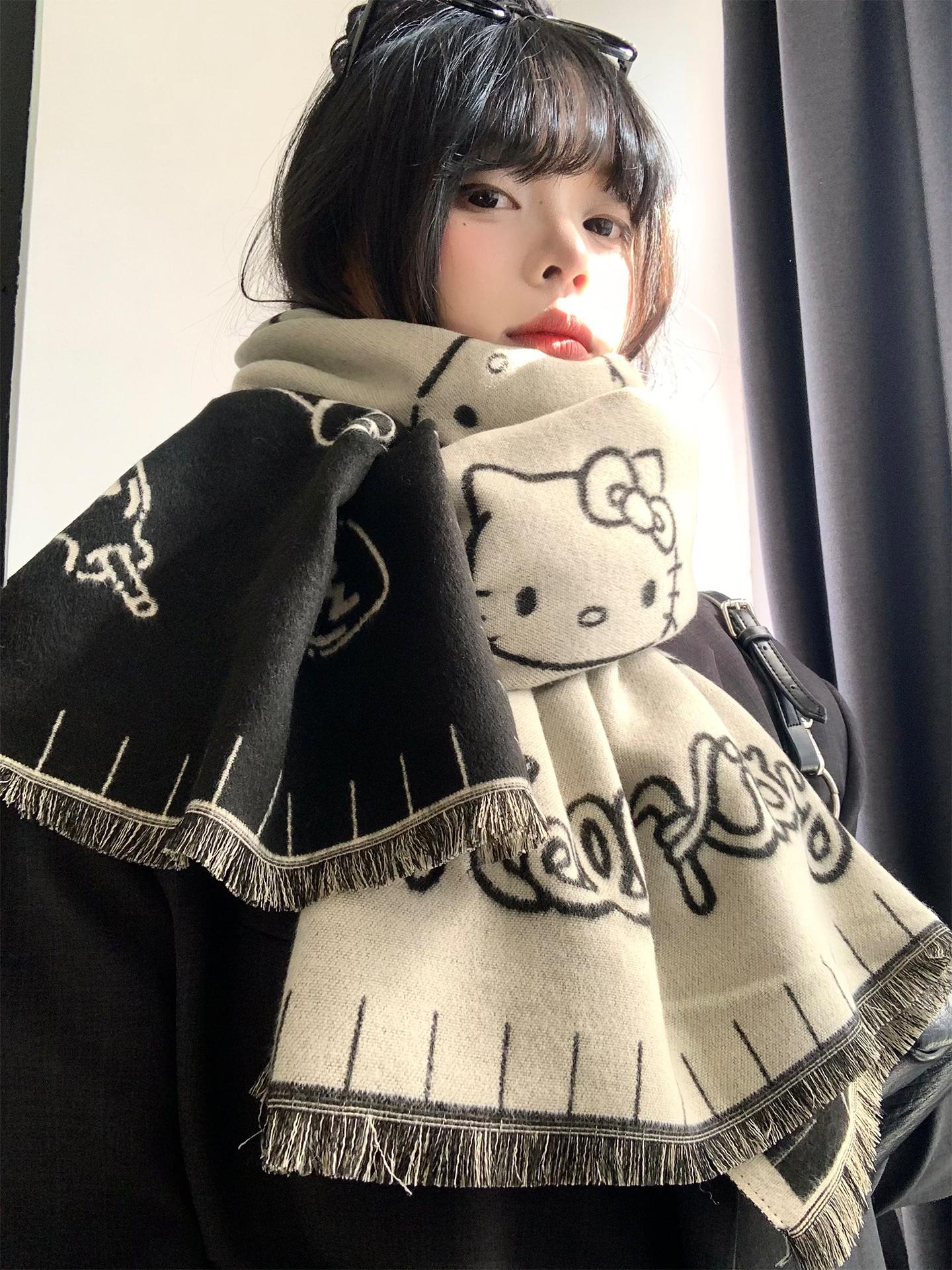 헬로키티 여성 양면 목도리 겨울 방한 스카프 고급 마후라 워머 블랙 - 상품 이미지