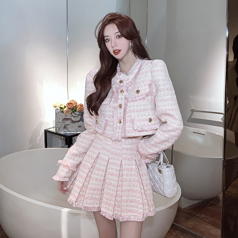 플리츠세트 짧은 트위드 크롭 자켓 미니 스커트 투피스 가을 겨울 봄 데일리룩 하객룩 - 상세 이미지 3