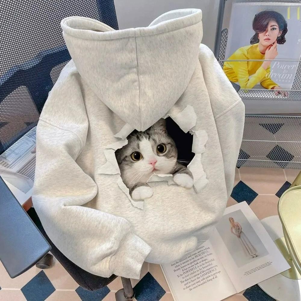 여성용 귀여운 고양이 프린트 후드티 봄 대형 사이즈 캐주얼 아우터 라이트그레이 얇은 M 50kg 이하 - 상품 이미지