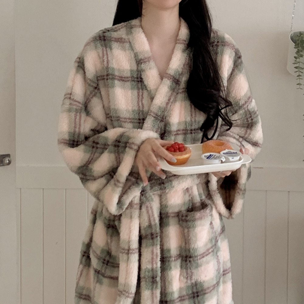 극세사로브 로브가운 커플수면잠옷 겨울 기모 파자마 홈웨어 세트 민트 가운 이미지 8