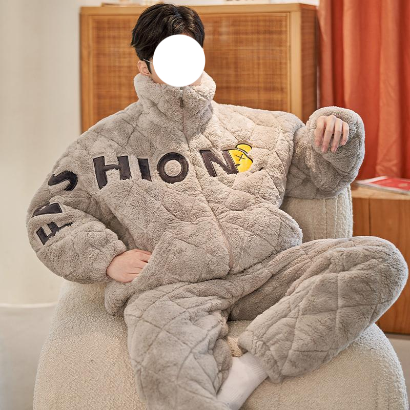남성 겨울 집돌이 난방비 제로 극세사 하찮은 수면잠옷 세트 기모 보온 홈웨어 파자마 82271 스탠드 칼라 지퍼 L - 메인 이미지