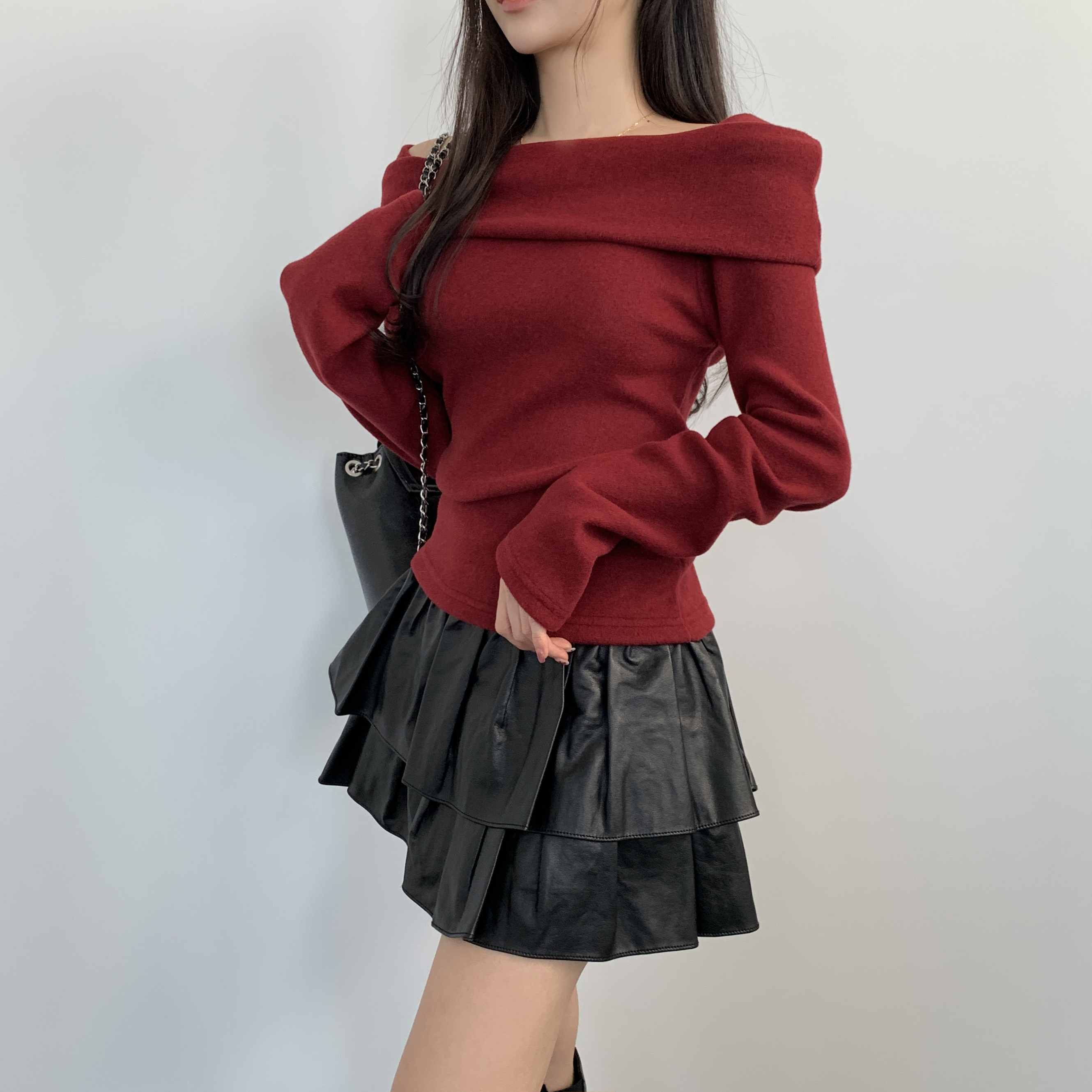 여자 뮤트 오프숄더 기모 긴팔티셔츠 스판 기본핏 - 상세 이미지 4