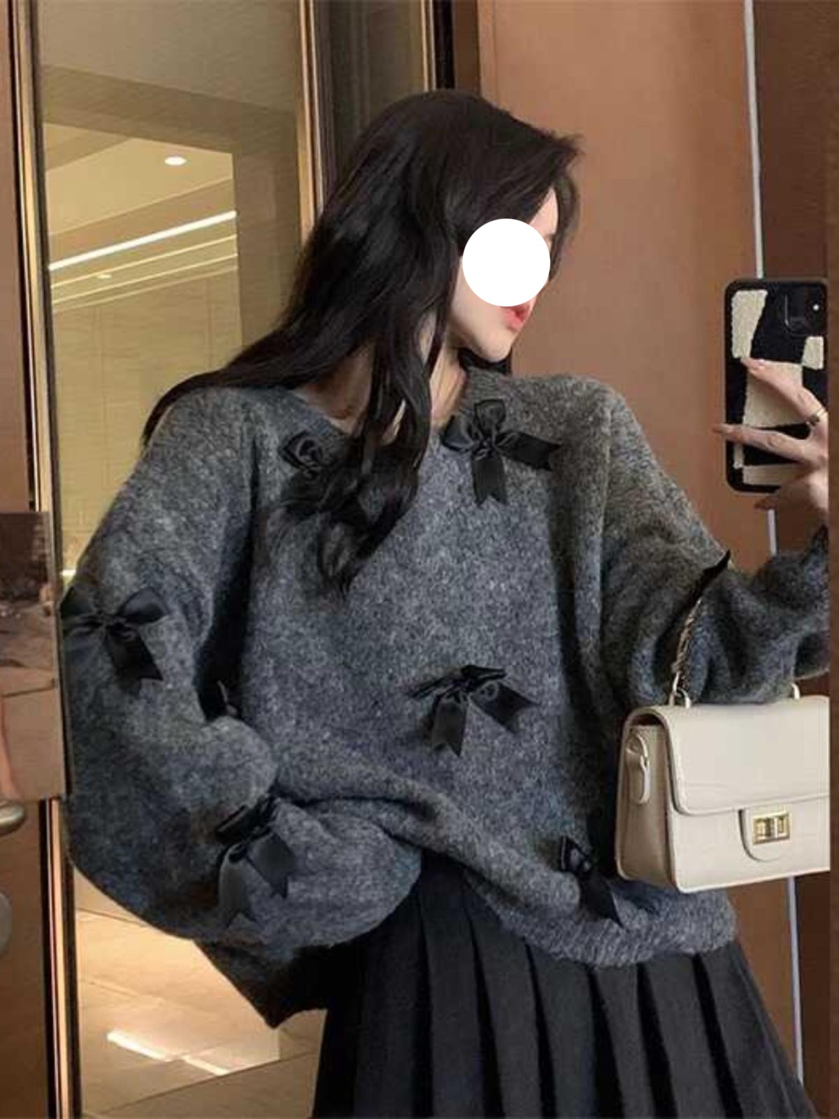 여성 그레이 리본 가을 겨울 긴팔 루즈핏 그레이 S - 상세 이미지 4