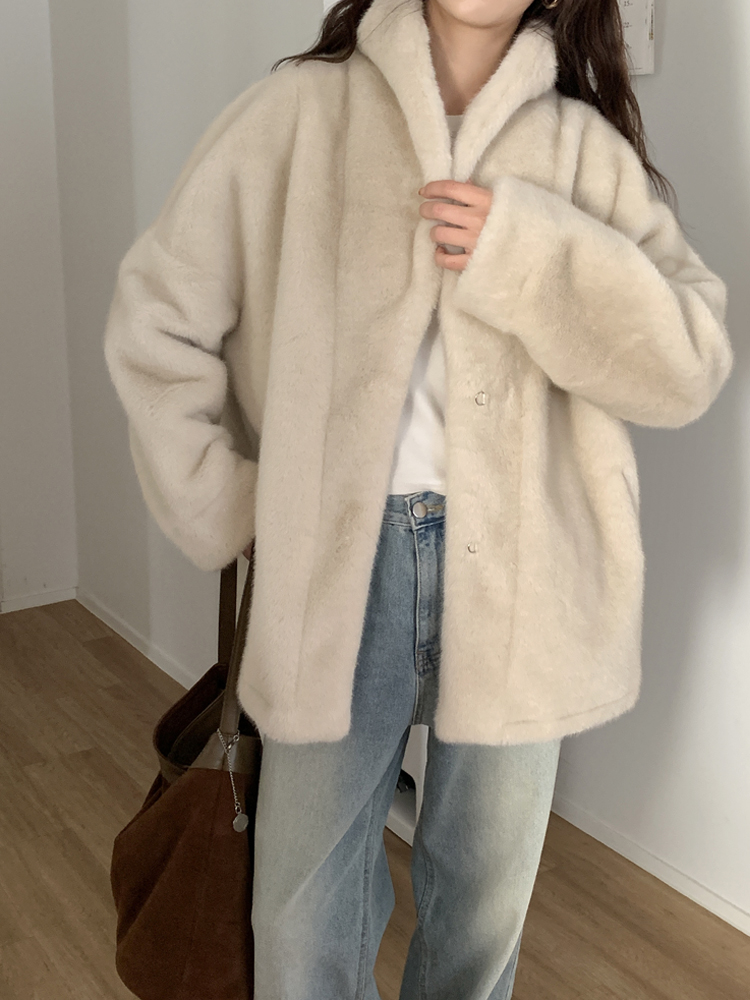 부드러운 밍크 에코 페이크 퍼 자켓 무스탕 오버핏 숄카라 여성 겨울 자켓 - 상세 이미지 2