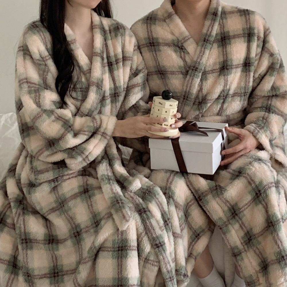 극세사로브 로브가운 커플수면잠옷 겨울 기모 파자마 홈웨어 세트 민트 가운 - 상세 이미지 4