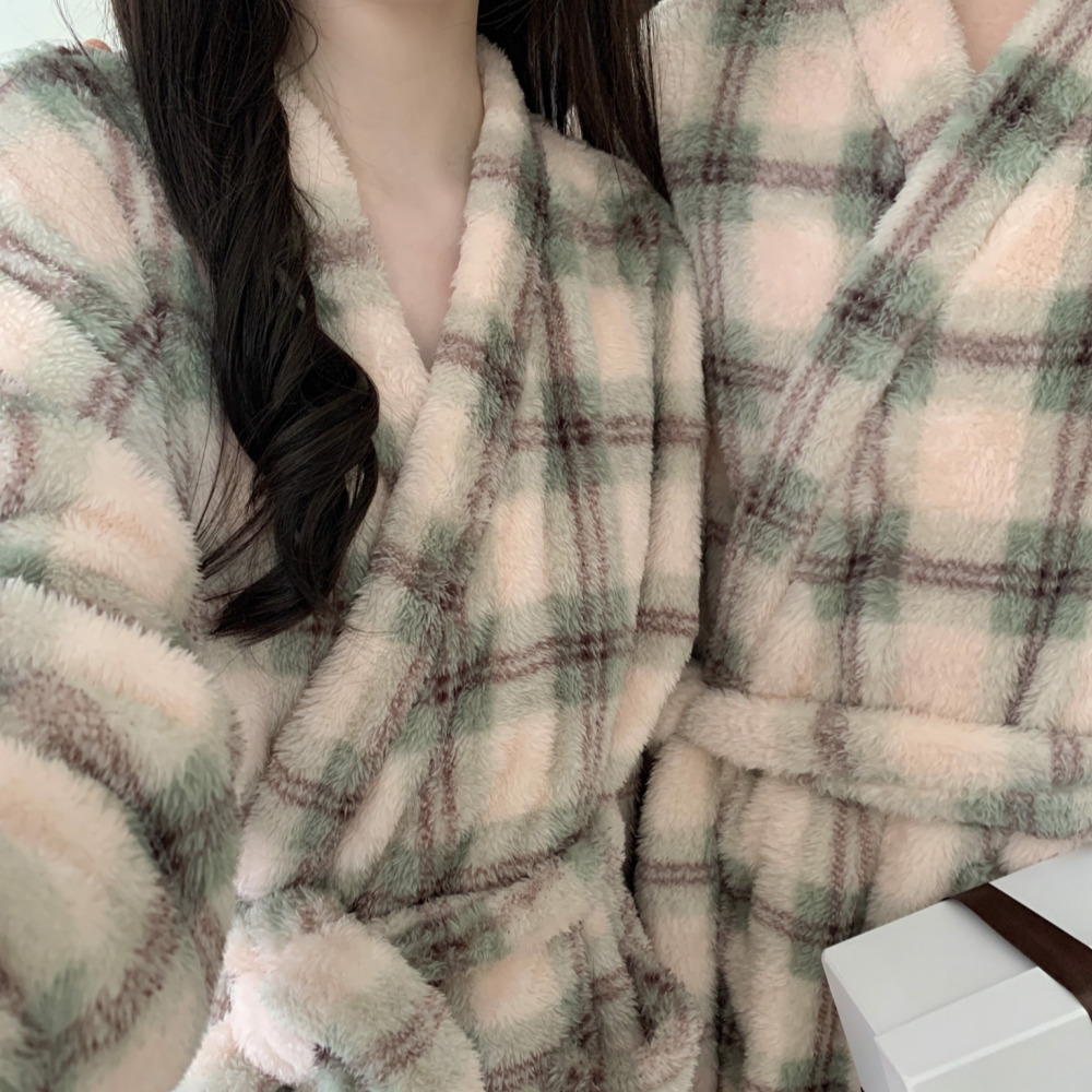 극세사로브 로브가운 커플수면잠옷 겨울 기모 파자마 홈웨어 세트 민트 가운 - 상세 이미지 2