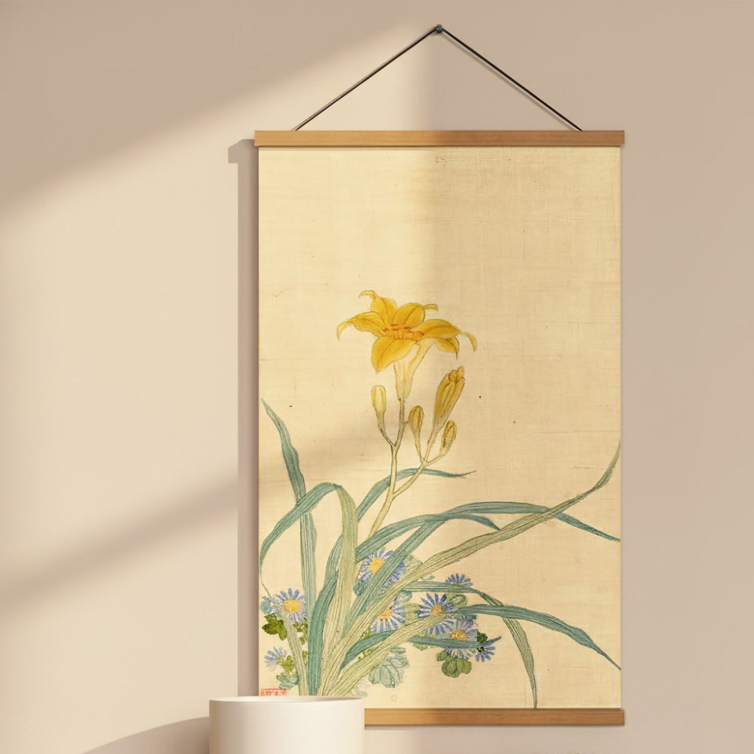 풍수 동양화 민화 꽃그림 우드 행잉 인테리어 원목 족자 포스터 신명연 백합과 패랭이 꽃 이미지 8