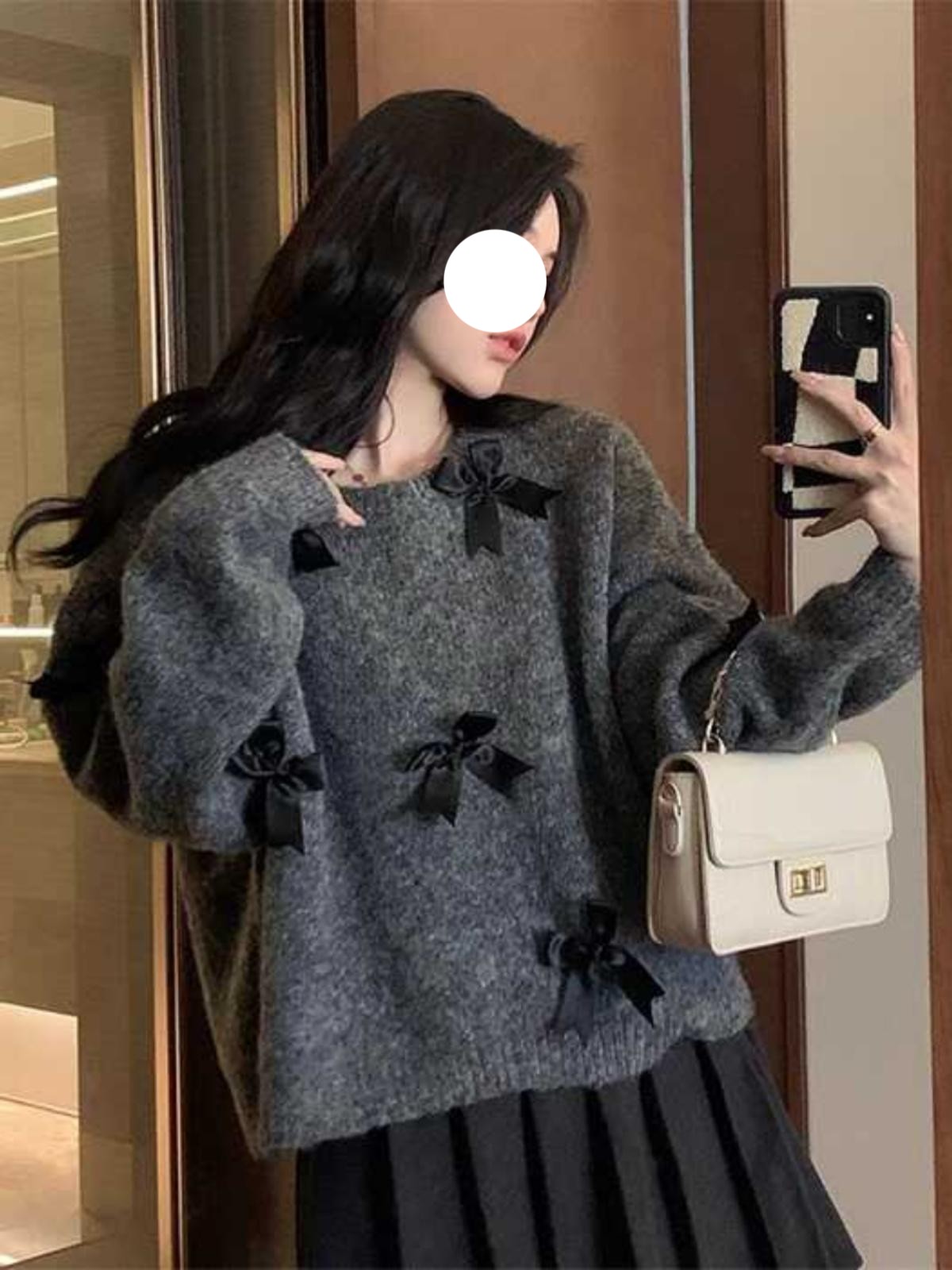 여성 그레이 리본 가을 겨울 긴팔 루즈핏 그레이 S - 상세 이미지 3