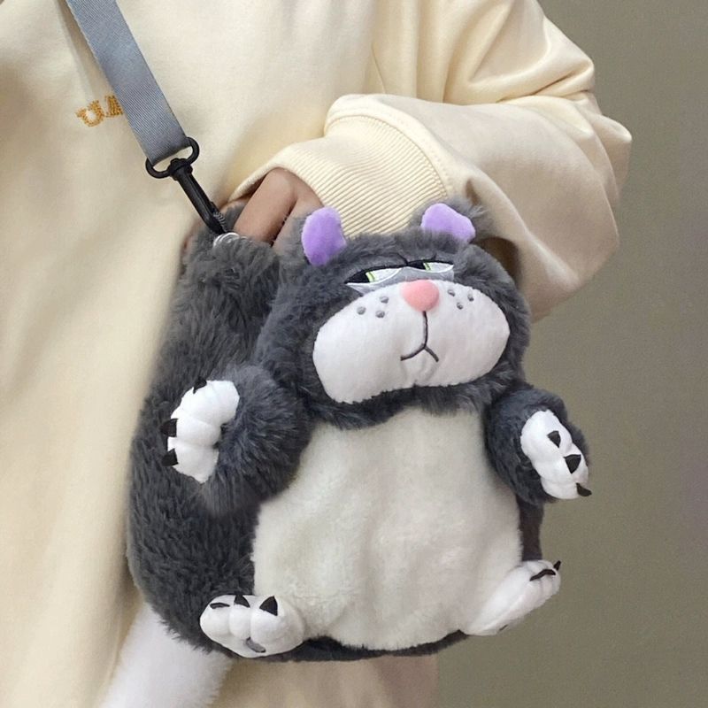 루시퍼 고양이 캐릭터 귀여운 털가방 여성 크로스백 그레이 - 상품 이미지