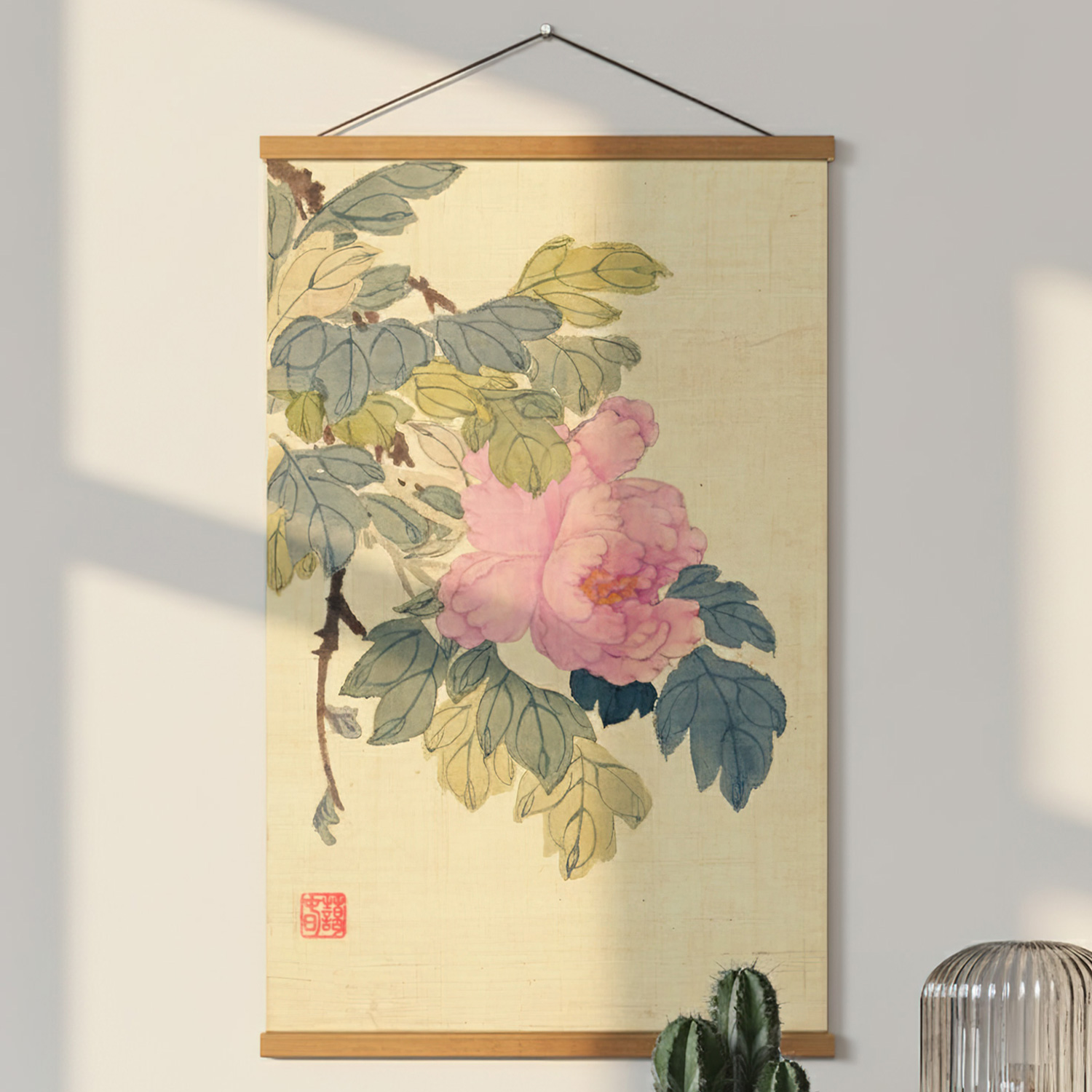 풍수 동양화 민화 꽃그림 우드 행잉 인테리어 원목 족자 포스터 신명연 백합과 패랭이 꽃 - 상세 이미지 4