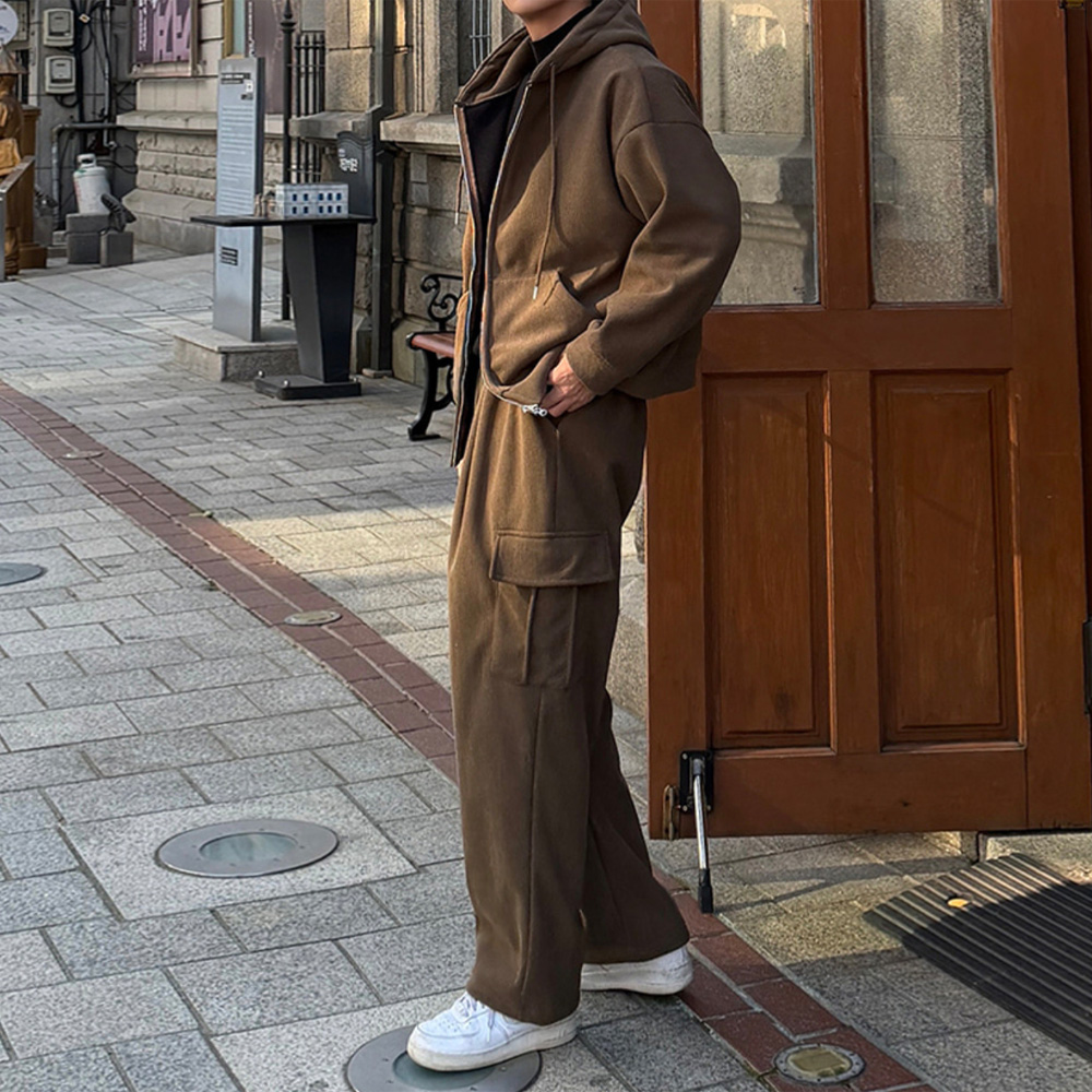 남자 우덴 겨울 기모 오버핏 후드집업 카고 와이드 골덴 셋업 세트 - 상품 이미지