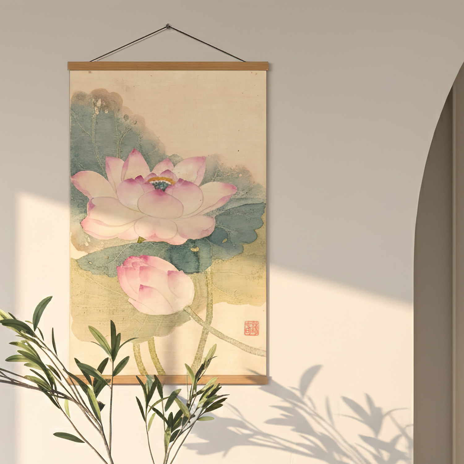 풍수 동양화 민화 꽃그림 우드 행잉 인테리어 원목 족자 포스터 신명연 백합과 패랭이 꽃 이미지 6