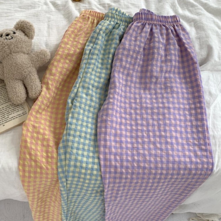 여성 사계절 배색 체크 와이드핏 잠옷 긴바지 파자마 - 상품 이미지