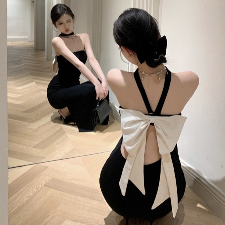 섹시 슬림핏 리본 홀터넥 백리본 롱원피스 우아한 글래머 이브닝드레스 여성 연말 파티 클럽 - 상품 이미지