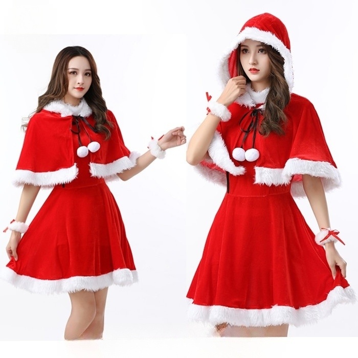 산타복 여자 코스프레 산타걸 망토 크리스마스 파티 연말 무대 의상 섹시 벨벳 드레스 - 상품 이미지