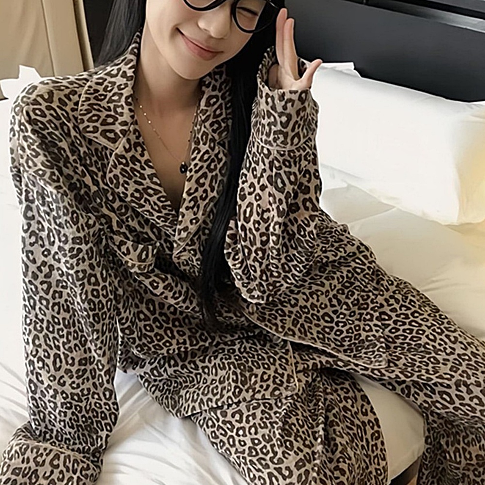 박대표마켓 호피 레오파드 잠옷 파자마 수면 벨벳 우정 홈웨어 세트 - 상품 이미지