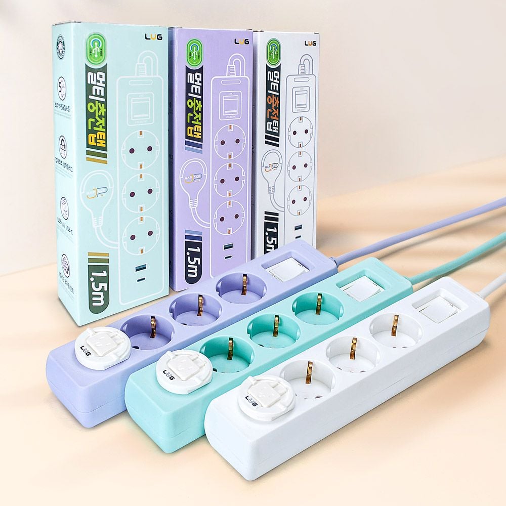 러그박스 3구 1.5m 멀티탭 USB-C 타입 납작 플러그 안전커버 포함 - 메인 이미지