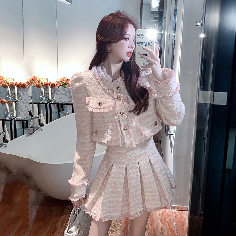 플리츠세트 짧은 트위드 크롭 자켓 미니 스커트 투피스 가을 겨울 봄 데일리룩 하객룩 - 상세 이미지 4
