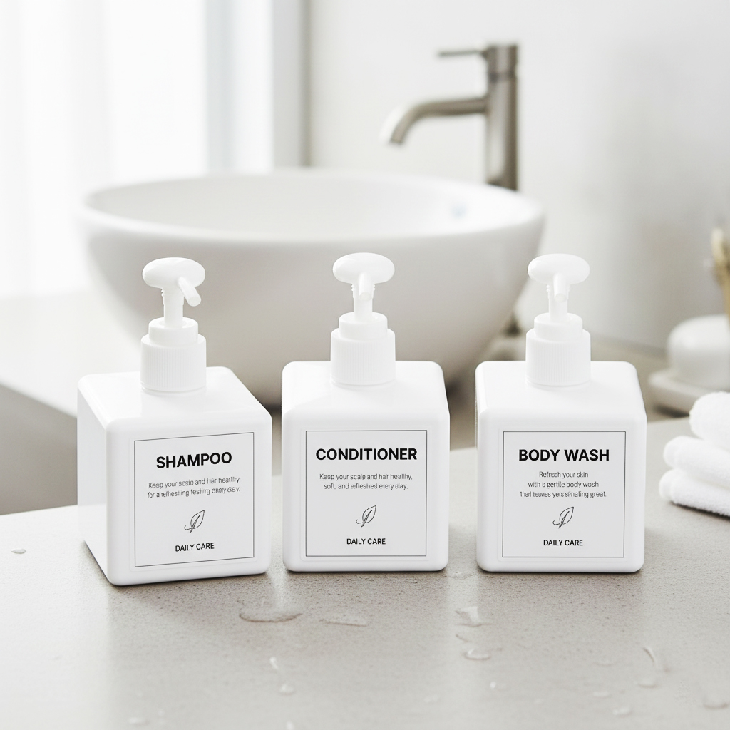모던큐브 핸드워시 샴푸 바디워시 디스펜서 리필용기 공병 250ml-3p +데일리 라벨지3종 - 상품 이미지