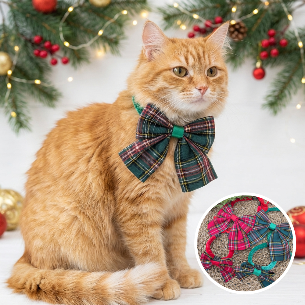크리스마스 체크 리본 솜끈 레이스 목걸이 반려동물 강아지 고양이 벨벳 케이프 연말 파티룩