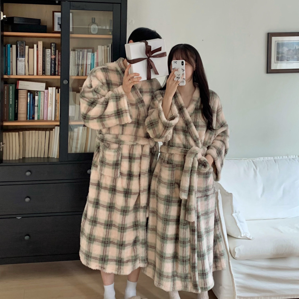 극세사로브 로브가운 커플수면잠옷 겨울 기모 파자마 홈웨어 세트 민트 가운 이미지 6