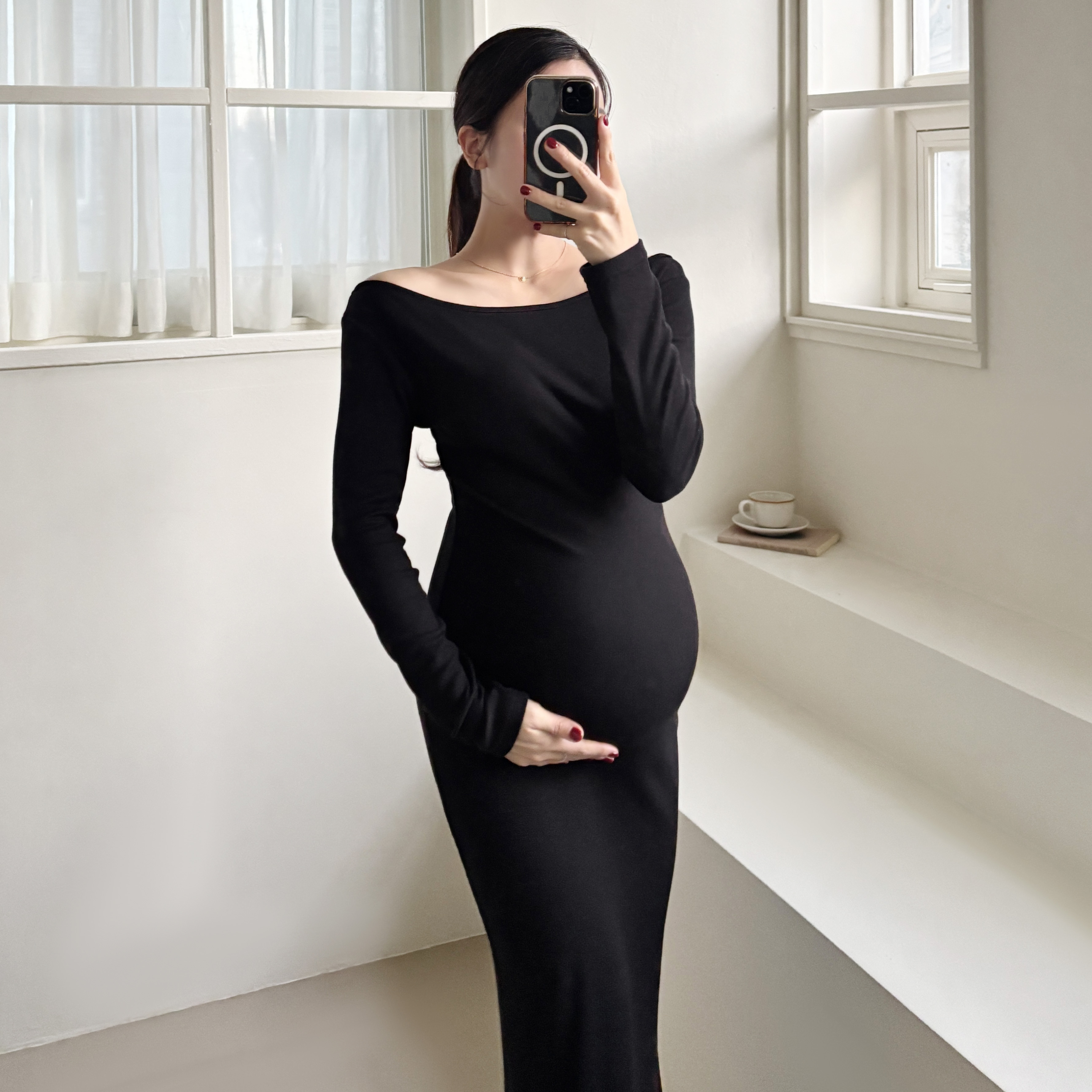 자체제작 스웨이 기모 보트넥 긴팔 슬림 임산부원피스 겨울 가을 만삭 임부복