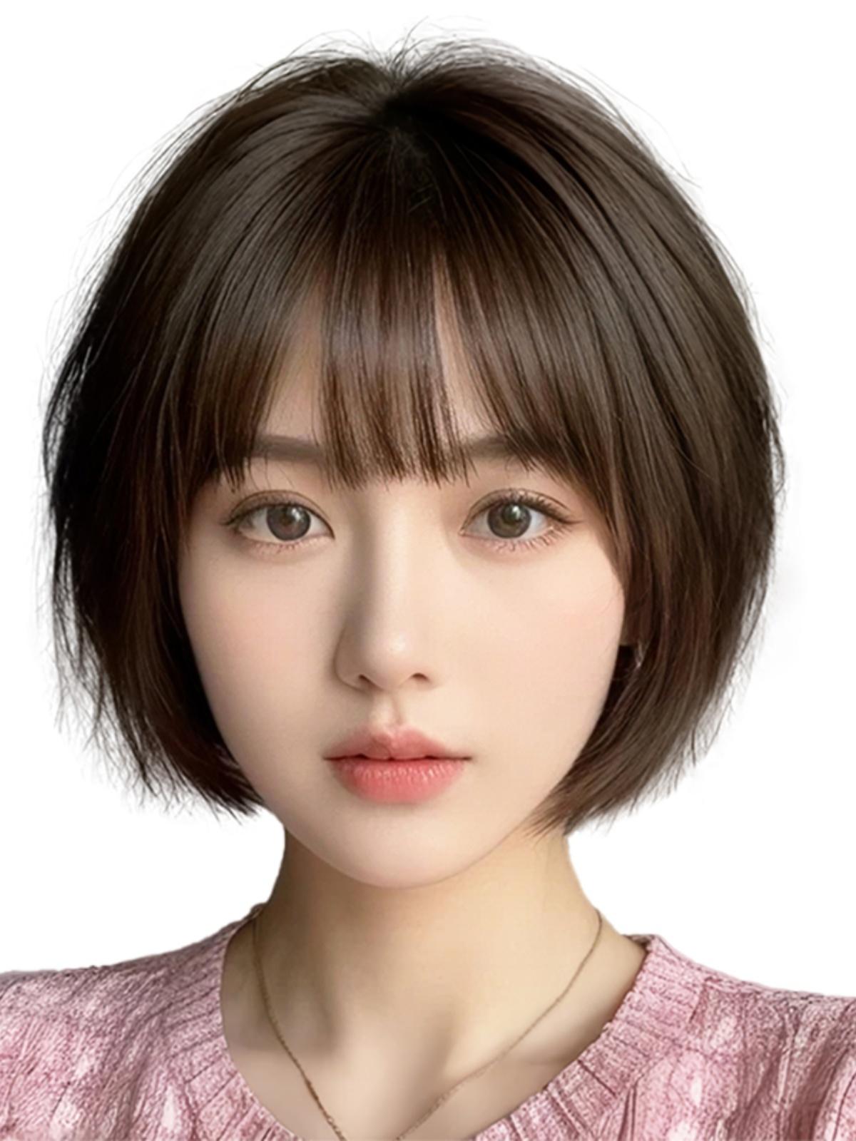 여자 인모 단발 보브컷 숏 가발 탈모 항암 28cm 자연 헤어-분할-내추럴블랙 - 상세 이미지 5